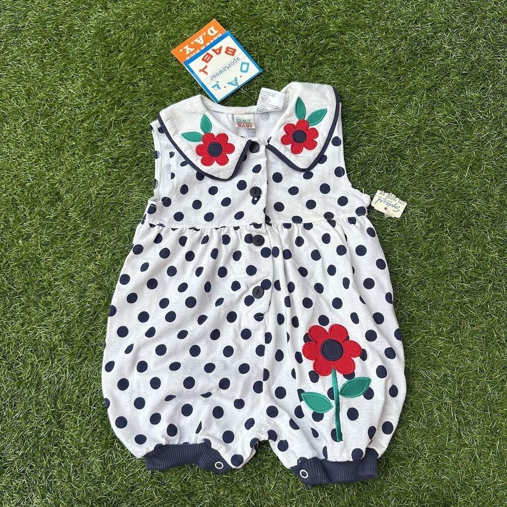 NWT Vtg Day Sportswear Baby Bubble Romper 12M Polka‎ Dot Flower Romper White Blk